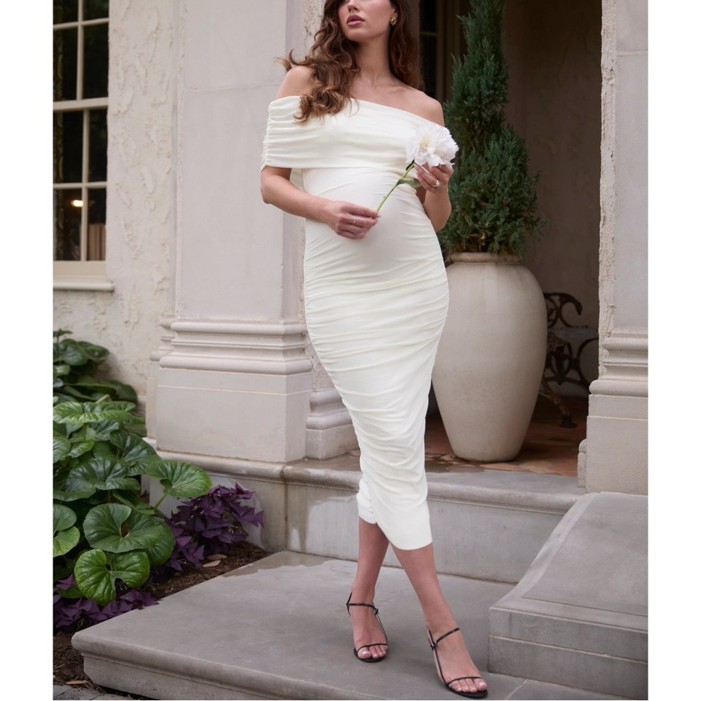 Bumpsuit Off The Shoulder Mesh Dress - Cream White Fully Lined Maxi Dress sz M